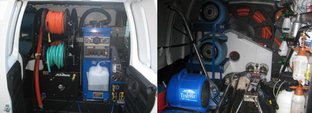 Carpet cleaning equipment inside van